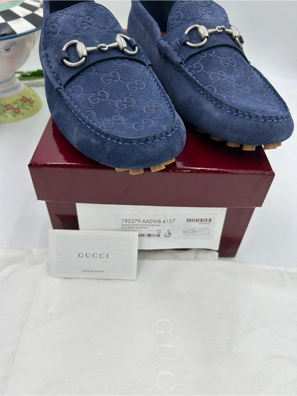 Men's Gucci GG embossed blue suede driver loafers size 9 fits 10 US made Italy